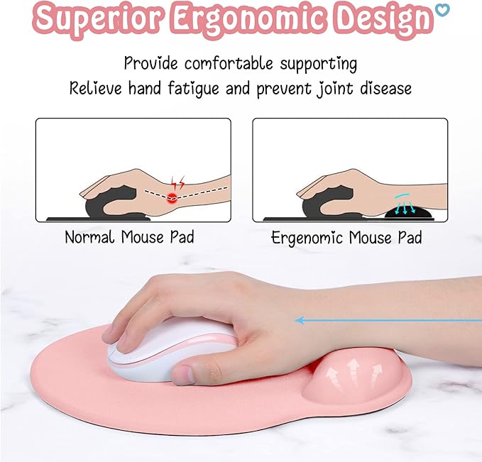 Hsurbtra Ergonomic Mouse Pad with Wrist Rest Support, Gel Mouse Pads with Non-Slip PU Base, Pain Relief Memory Foam Computer Mat, Cute Office Supplies Desk Decro Accessories, Pink