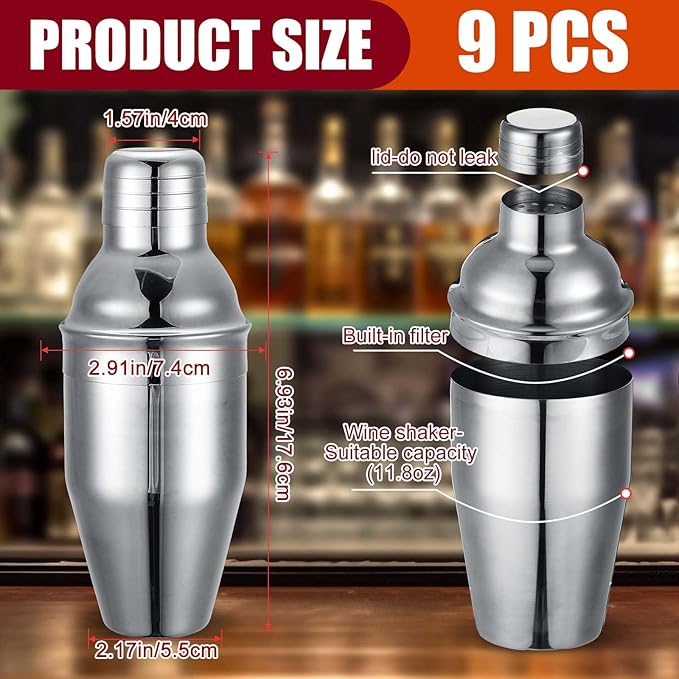 Nitial 9 Pcs Bar Cocktail Shaker Professional Stainless Steel Martini Drink Mixer with Built-in Strainer for Bartending No Leaks Boston Shaker for Bar Party Drink Mixing Tool(11.8 oz)