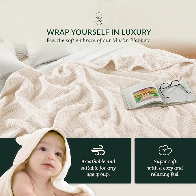 Cloud Scape Linen Extra Large 4 Layer Muslin Throw Blanket - 100% Cotton Gauze, Lightweight & Breathable All Season, Pre-Washed, for Couch & Bed, 50x70, Ivory