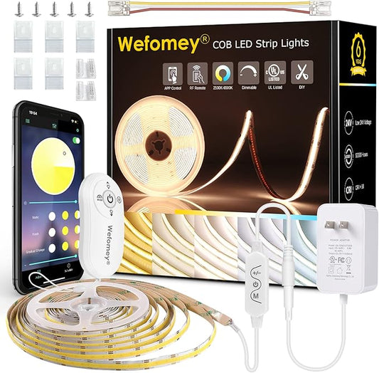 COB LED Strip Light Warm White to Cool 2700K-6500K, 16.4ft Bright White COB Light Strip with Remote & App, 24V UL Listed 3200LEDs COB Led Lights for Under Cabinet, Kitchen, Indoor Lighting