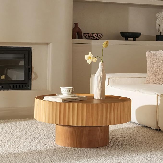 Round Coffee Table, Modern Living Room Tables with Mushroom Shape and Grooved Design, Large Coffee Tables, Circle Pinewood Center Table for Living Room (Nature Wood, 30.3''L×13.7''H)