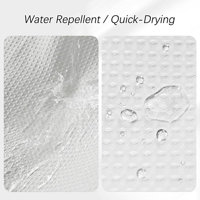 White Shower Curtain 256GSM Weighted Waffle Water Repellent Heavy Duty Fabric, Machine Washable Hotel Quality Bathroom Shower Curtain Set with 12 Metal Hooks, 72Wx72H