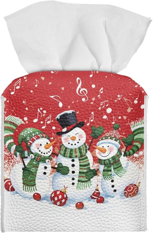 Christmas PU Leather Tissue Box Cover Aesthetic Desk Decor for Home Office Car, Snowman Print Tissues Cube Boxes Holder Bedroom/Bathroom/Kitchen Facial Napkin Holder Storage