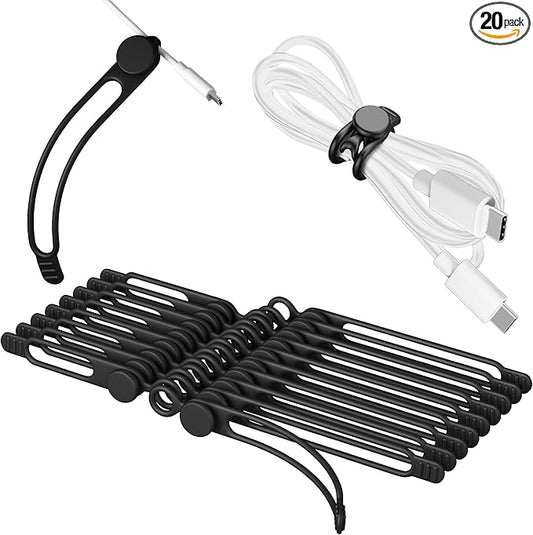 Nearockle Silicone Cable Ties Cord Organizer for Cable Management, 20Pcs 3" and 4.5" Reusable Cable Organizer Electronic Accessories for Home, Office, Kitchen, School, Travel (Black)