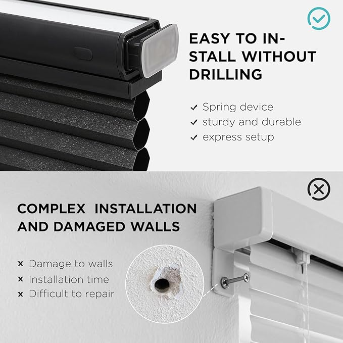 Joydeco No Tools No Drill Blinds for Indoor Windows, Cordless Window Blinds Cellular Shades Top Down Bottom Up Blackout Honeycomb Blinds Thermal Insulated Noise Reduction (Black, 27" W x 64" H)