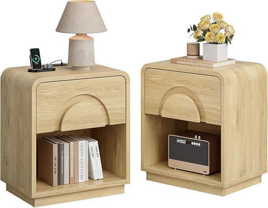 Bestier Night Stand Set of 2, Nightstands with Charging Station, Mid Century Modern Bedside Table with Drawer Storage, Arch Style Design, Curved Profile, Side End Tables for Bedroom
