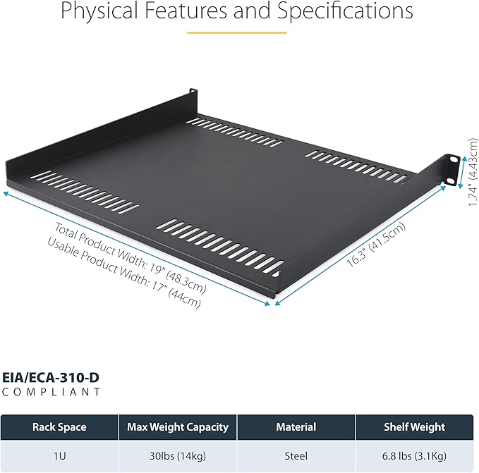 StarTech.com 1U Vented Server Rack Shelf, 16in (40cm) Mounting Depth, Cantilever Tray, Heavy-Duty Steel, 30lb/14kg Capacity