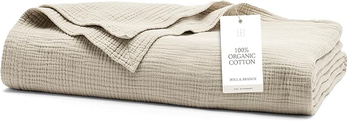 BOLL & BRANCH Dream Bed Blanket - King/Cal King, Sand - Luxury 100% Organic Cotton - Soft, Lightweight and Breathable - Cloud-Like Touch