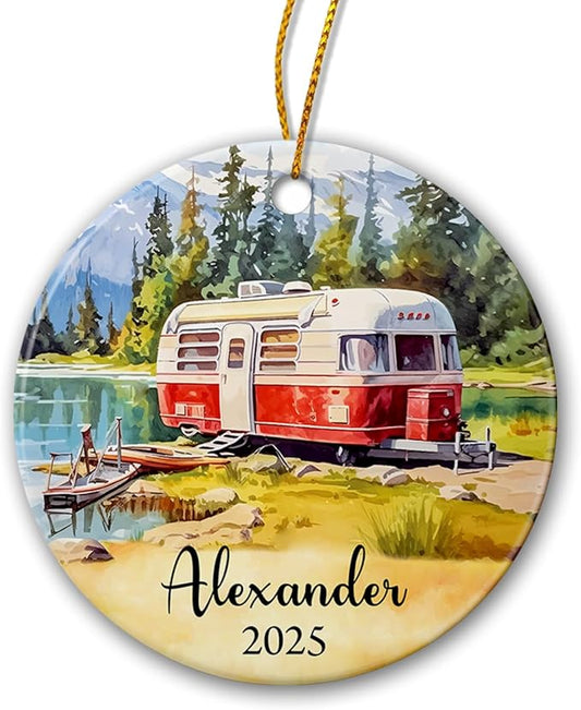 Summer Camping Beach Road Trip Ornament Keepsake Gifts for Friends, Personalized Beach Camper Ornament 2025, Surfing Board Outdoor Chair Camper Christmas Decor, Custom Name Camper Ceramic Ornament