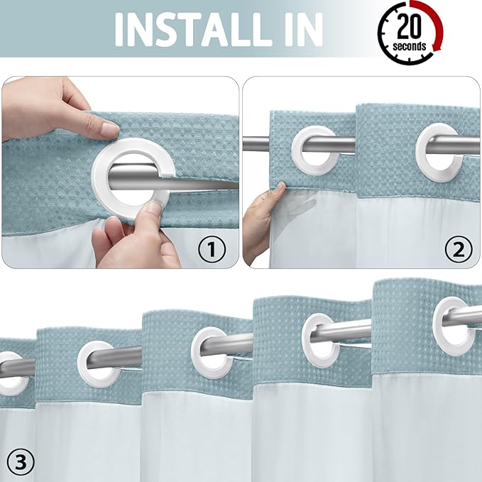 YellyHommy No Hook Shower Curtain with Snap in Liner Set Less Time Waffle Shower Curtain for Bathroom 75" L x 72" W Cyan