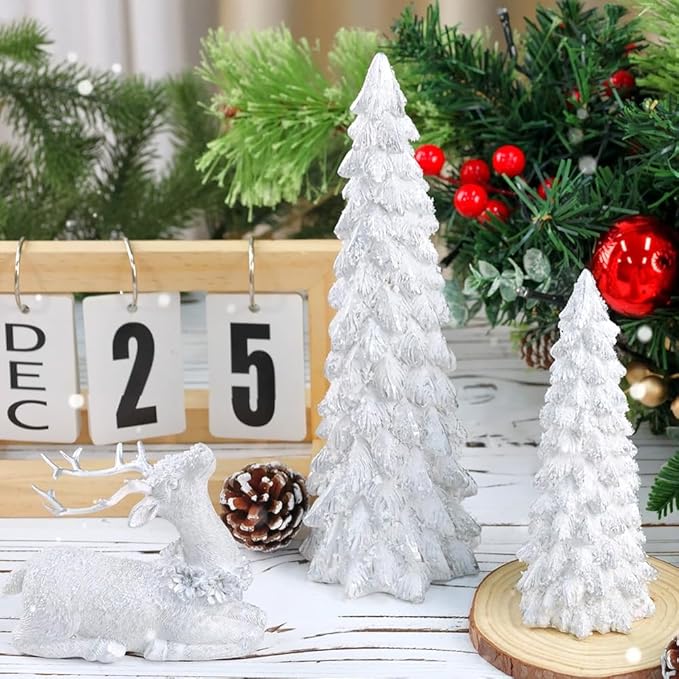 3 Pack Christmas Trees and Reindeer Figurines Decoration- 2 Glittered Christmas Tree Statues and 1 Deer Vintage Christmas Decor Set, Resin Ornaments Tabletop Shelf Office Display Stand Indoor(Silver)