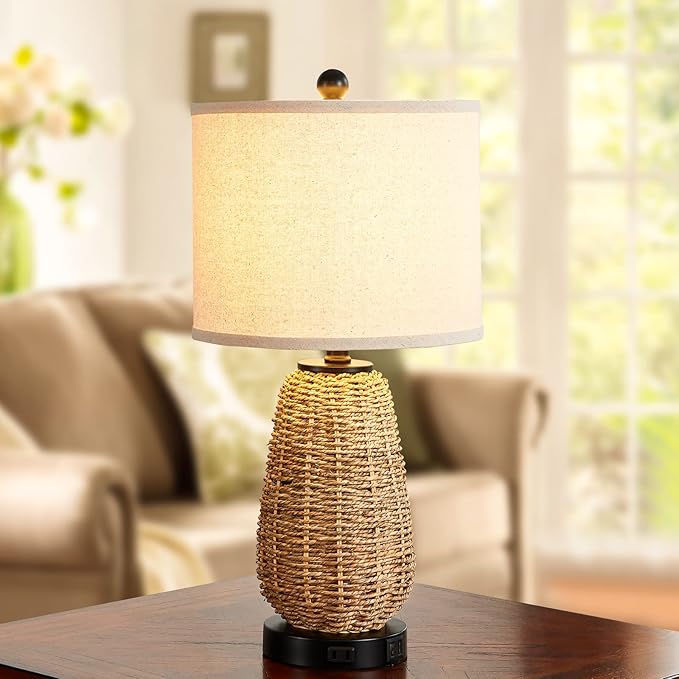 Touch Control Rattan Table Lamps, 3 Way Dimmable Bedside Lamps for Bedroom Set of 2 with 2 USB Ports and AC Outlet, Grass Rope Nightstand Lamps for Living Room Office (2 LED Bulbs Included)