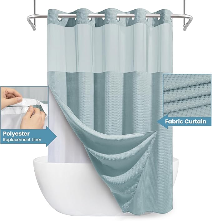 Fog Blue Long No Hook Shower Curtain with Snap in Liner,230GSM Waffle Weave Shower Curtains for Bathroom,71W x 86H