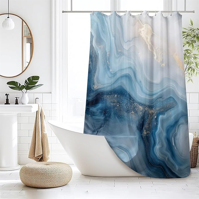 Renaiss Blue Ombre Marble Shower Curtain Modern Large Waterproof Fabric Gold Gilt Design Bathroom Shower Curtain Abstract Bath Accessories Set Hooks Hotel Home Luxury Decor Washable 60" W x 72" L