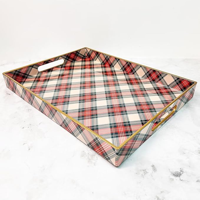 Rectangular Decorative Tray with Handles, Plastic Serving Tray for Living Room, Home Decor, Christmas，15.7" x 11.8" Red Plaid