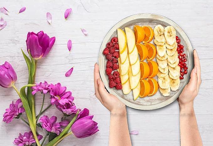 Decorative Coffee Table Tray, Set of 2 White, Wooden Round Serving Tray for Living Room, Wood Ottoman or Side Table, Charcuterie Board Cheese Platter, Fruit Baskets, White Distress, 12x12x1.5