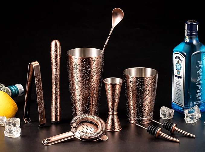 Sky Fish 3D Etched 18-Piece Bartender Kit Stainless Steel Boston Cocktail Shaker Set Copper Plated Bartending Tools Suit for Bar Tools Set Mixology Enthusiasts, Professional Bartenders and Home Drink