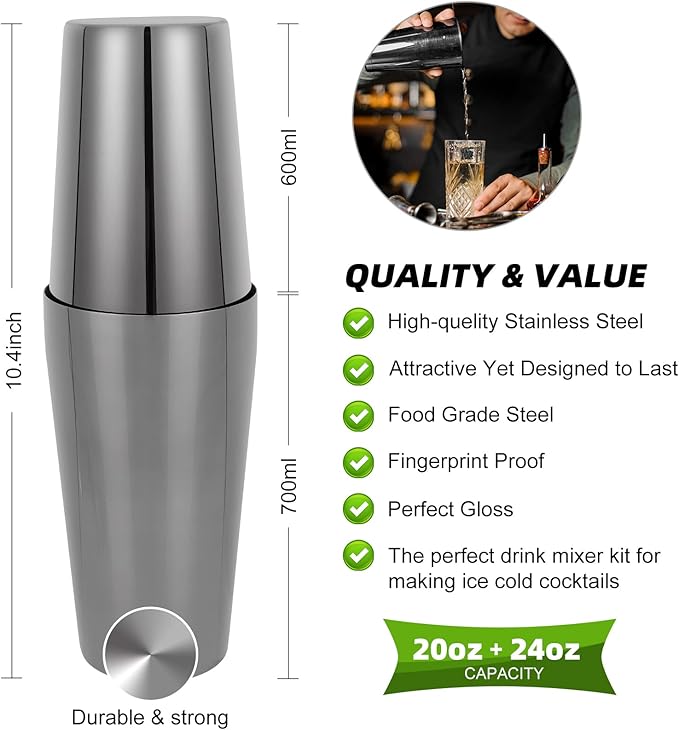 Cocktail Shaker Set, 23-Piece Boston Stainless Steel Bartender Kit with Acrylic Stand & Cocktail Recipes Booklet, Professional Bar Tools for Drink Mixing, Home, Bar, Party - Black