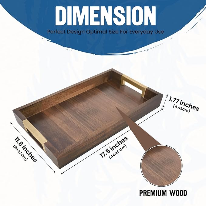 Large Wooden Ottoman Tray with Golden Handles for Serving Food, Decorative Serving Platter for Breakfast, Dinner & Bar, 17.5x11.8in Rustic Storage Tray for Kitchen, Bedroom & Gift Packaging