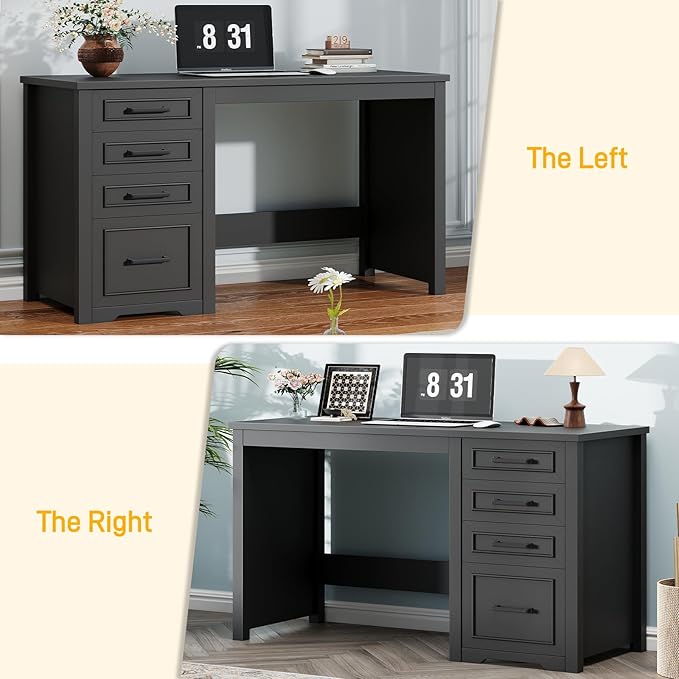 Vabches Farmhouse 49” Executive Desk with File Drawer, 4 Drawers Reversible Computer Desk with Storage, Rustic Home Writing Workstation for Home Office.Black