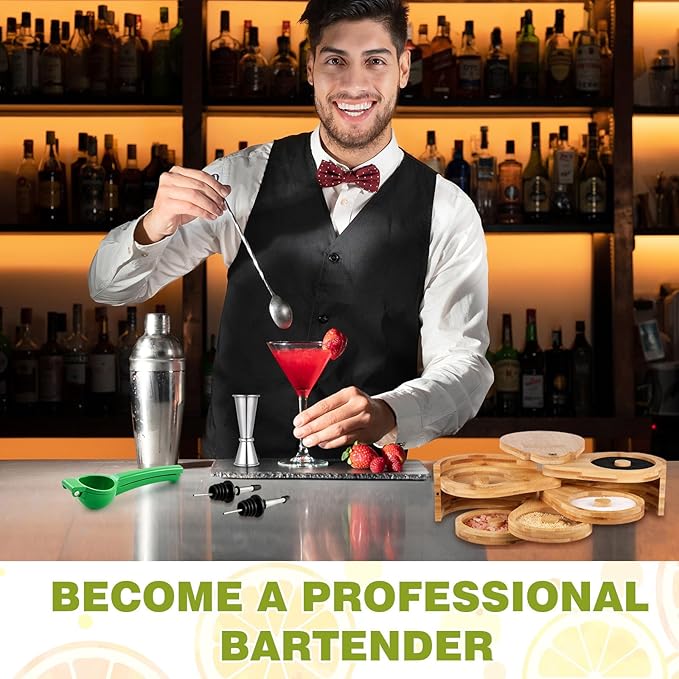 Mifoci 9 Pcs Bamboo 5 Tier Margarita Salt Rimmer Set, Cocktail Shaker Set Bartender Kit, Measuring Jigger, Mixing Spoon, Citrus Squeezer, Ice Filter, Coasters, Bar Accessories for House Party Gift