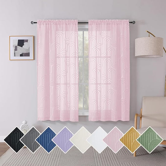 Simplebrand Blush Pink Sheer Curtains 63 Inch Length 2 Panels, Light Filtering Semi Sheer Curtains for Bedroom, Geometric Jacquard Clip Textured Window Semi Sheer Curtains Drapes, 42Wx63L Inches