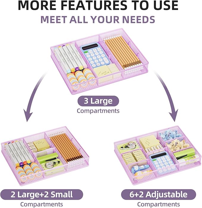 Marbrasse Desk Drawer Organizer, Metal Mesh Drawer Organizer Tray with 5 Adjustable Compartments,Desk Organizers and Accessories for Home,Office,Kitchen,Makeup,Vanity (Purple)