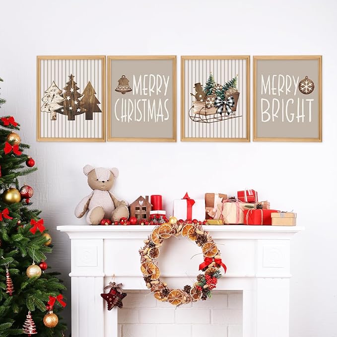 Wheatwin Boho Christmas Decor, Neutral Christmas Decor, Merry Christmas Wall Art Prints Set of 4, Wooden Christmas Tree Winter Decorations for Office Bedroom Living Room, 8x10 (Unframed)
