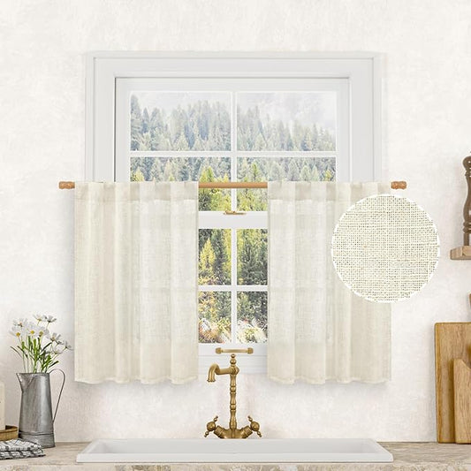 LAMIT Cafe Linen Curtains 30 Inch Length for Kitchen Windows Over Sink, Cream Ivory Semi Sheer Light Filtering Panels Back Tab and Rod Pocket Drapes for Small Window, 2 Panels, 34 x 30 Inch