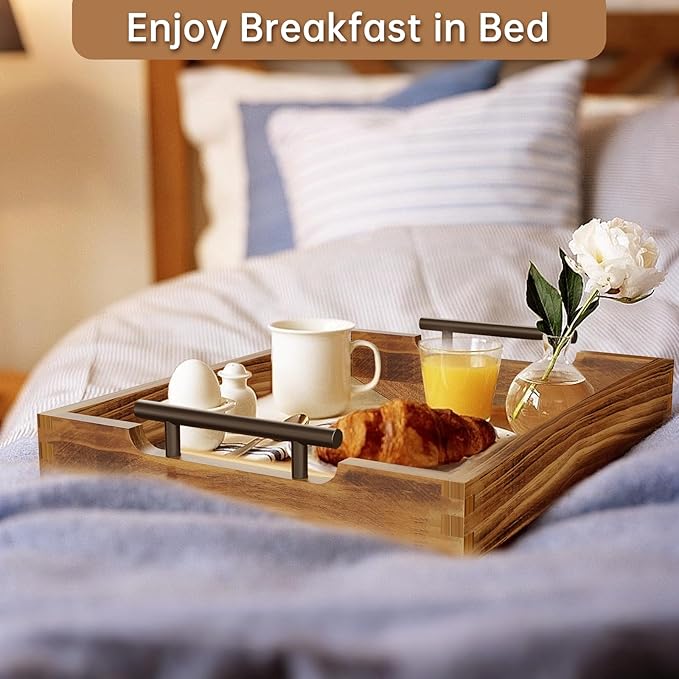 Butizone Wood Serving Tray with Handles, Rustic Ottoman Tray for Breakfast in Bed, Coffee Table, Entertaining, Home Decor, Decorative Nesting Trays, Ideal for Kitchen, Bedroom, Living Room, Set of 2
