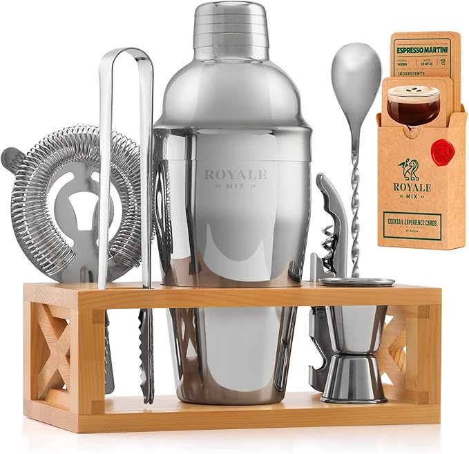 Mixology Bartender Kit with Stand | Home Bar Set with 25 Cocktail Recipes for Drink Mixing | Ideal Bartending Kit for Housewarming Gift | Premium Martini Cocktail Shaker Set with Bar Tools Accessories