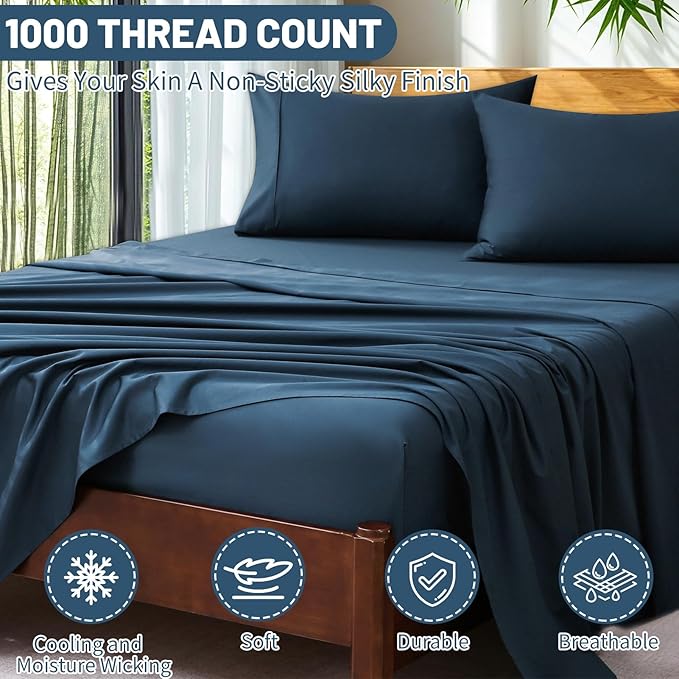 Extra Deep Pocket California King Sheets 18-24 Inch 100% Egyptian Cotton 1000 Thread Count Sateen Weave Soft Breathable 4 Pieces（Cal King,Navy）