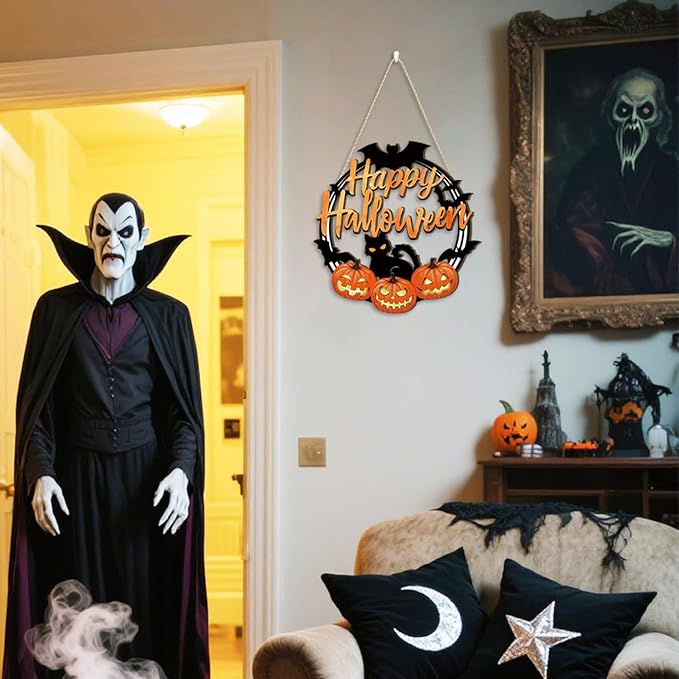 HPNIUB Halloween Door Decorations, Halloween Wreath Scary Pumpkin Black Cat Bat Front Door Hanger Wooden Hanging Sign Wall Decor for Room Party Indoor Home Decor