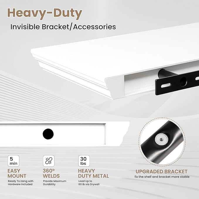 Axeman 55 Inch Floating Shelves for Wall, 9.3" Deep Crown Molding Wood Display Shelf with Heavy Duty Invisible Brackets for Living Room, Bedroom, Bathroom, Kitchen Decor & Storage, Set of 1, White