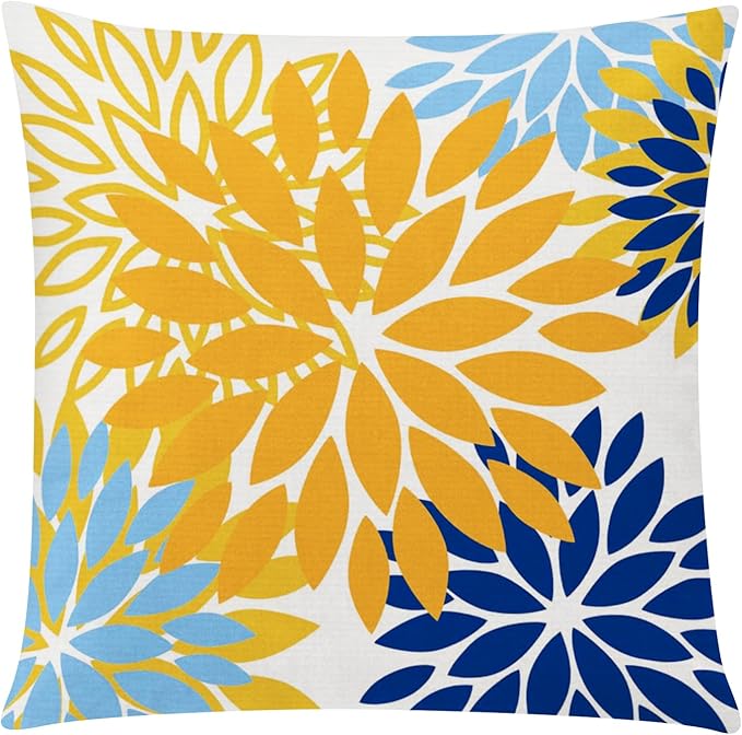 Yellow Blue Throw Pillow Covers 20x20 Set of 6, Daisy Dahlia Flower Pillow Cover, Decorative Square Cushion Cover, Farmhouse Pillowcase for Sofa Bedroom Living Room Farmhouse Home Decor