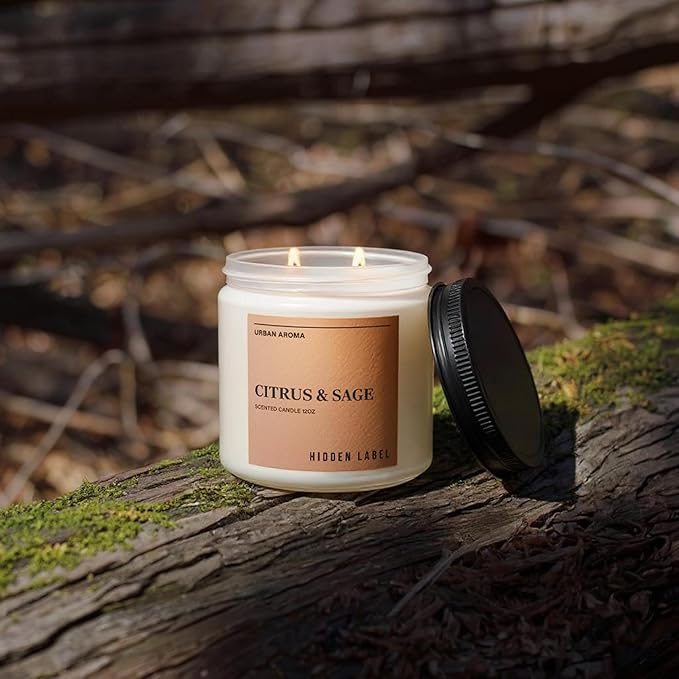 Hidden Label Citrus Sage Scented Candle, 12oz 2 Wick Natural Soy Non Toxic Candles, Clean Burning Long Lasting Aromatherapy for Home | Gifts | Décor,Premium Scents for Relaxation & Stress Relief