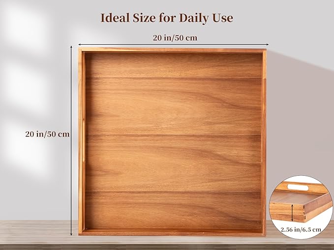 Serving Tray with Handles, 20 Inch Large Square Ottoman Tray Acacia Wood Decorative Tray for Living Room, Ottoman Coffee Table, Kitchen, Appetizers, Breakfast, Patio, Party