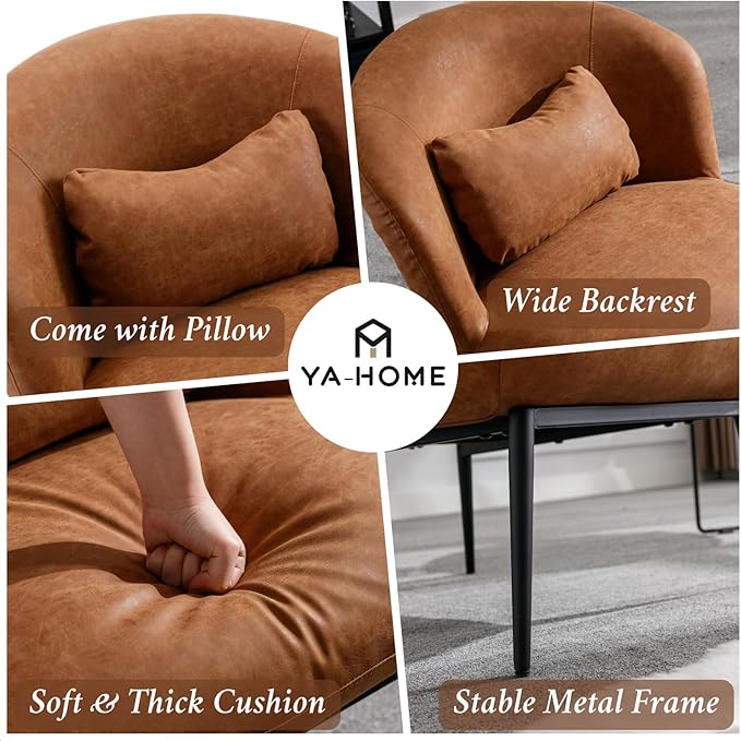 Modern Accent Chair, Upholstered PU Leather Side Chair Guest Chair with Small Pillow Black Metal Legs, Comfy Lounge Chair for Living Room Bedroom, Brown