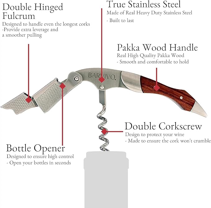 Barvivo Wine Opener with Foil Cutter and Cap Remover - Double Hinged Corkscrew for Bartenders - Stainless Steel Wine Key for Easy Bottle Opening - Manual Wine Bottle Opener - Pakkawood, 4.7x1.2-Inch