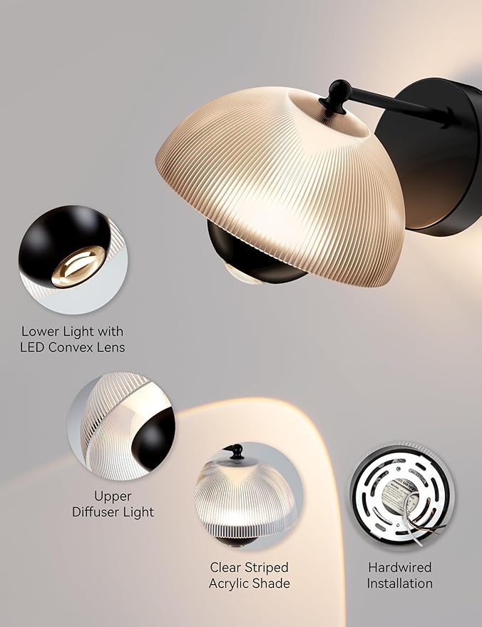 Tubicen Flowerpot LED Wall Sconce Dual Lighting 10W Dimmable Modern Elegant Wall Lamp Black Indoor Round Wall Lights for Living Room Bedroom Hardwired