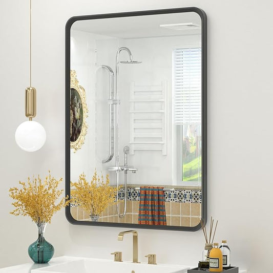 OKPAL 24x28 Black Bathroom Mirror for Wall, Black Metal Framed Bathroom Vanity Mirror, Modern Rounded Rectangle Mirror, Anti-Rust (Horizontal/Vertical)