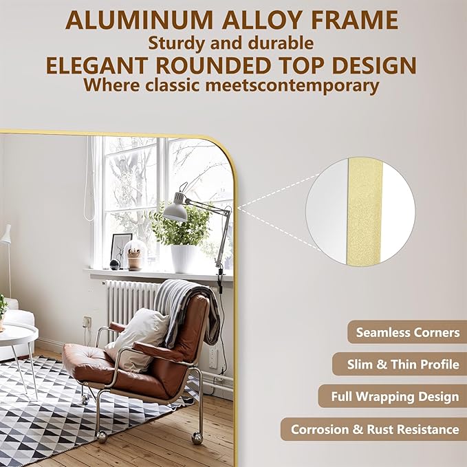 Koonmi Full Length Mirror, 76"x34" Mirror Full Length with Stand, Gold Domed Top Square-Edged Floor Mirror with Aluminum Alloy Frame for Bedroom Living Room