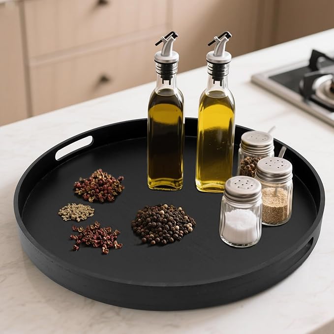 Round Decorative Tray, Extra Large Wooden Serving Tray with Handles, 11.8in Black Decorative Trays for Coffee Table,Kitchen Counter,bandejas decorativas