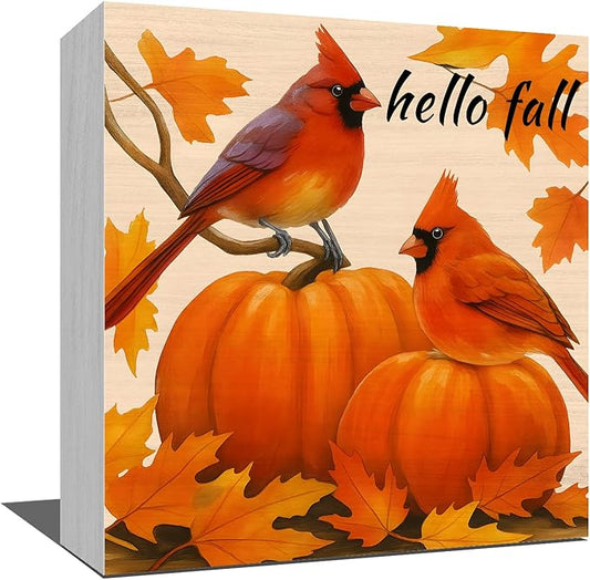 Fall Home Decor, Cardinal Pumpkins Sign, Autumn Thanksgiving Home Shelf Office Desk Decoration 5 x 5 Inches