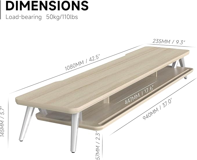 Fenge Dual Monitor Stand, Monitor Stands Riser for 2 monitors, 42.5 Inch Wood Desk Shelf with Storage Organizer and Cable Management for Office Desk Accessories