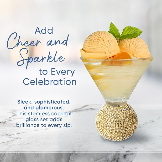 Stemless Martini Glasses Set of 2, Silver Stemless Modern Cocktail Glass, Crystal Ball Base in Elegant Box, Perfect Bar Accessories for Margarita, Manhattan, Cosmos, Mixed Drinks, and Desserts