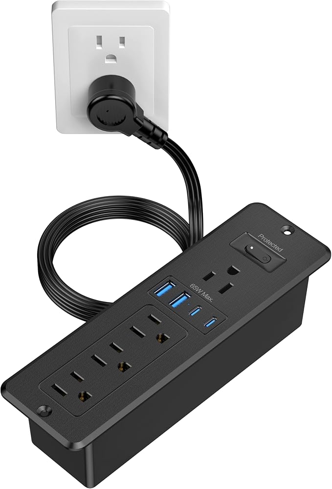 65W USB C Recessed Power Strip, Flush Mount Desktop Recessed Outlet with 4AC & 2 PD GaN USB C & 2 USB-A Ports, Furniture Hidden Drawer Fast Charging Station for Home Office