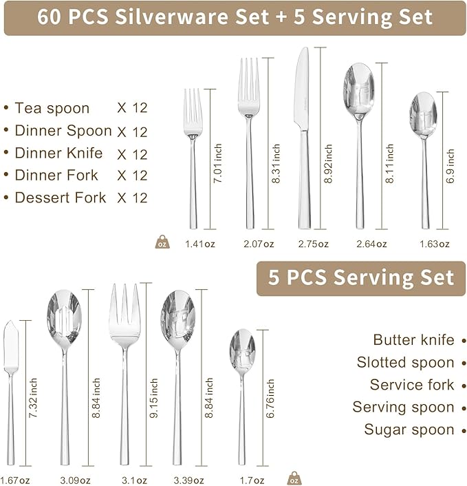 KINGSTONE Silverware Set with Serving Utensils, 65-Piece Forged Flatware Set Cutlery Set Premium Stainless Steel, Service for 12, for Kitchen, Home, Wedding, Party, Mirror Polished and Dishwasher Safe