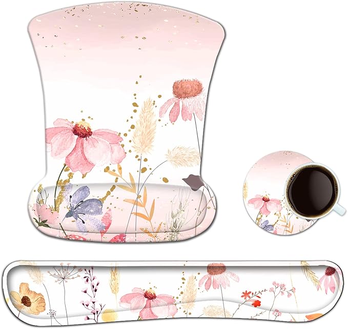 AIMSA Keyboard Wrist Rest and Mouse Pad with Wrist Support Set, Memory Foam Ergonomic Non-Slip Rubber Base, Easy Typing and Pain Relieve for Computer, Laptop,Pink Flowers