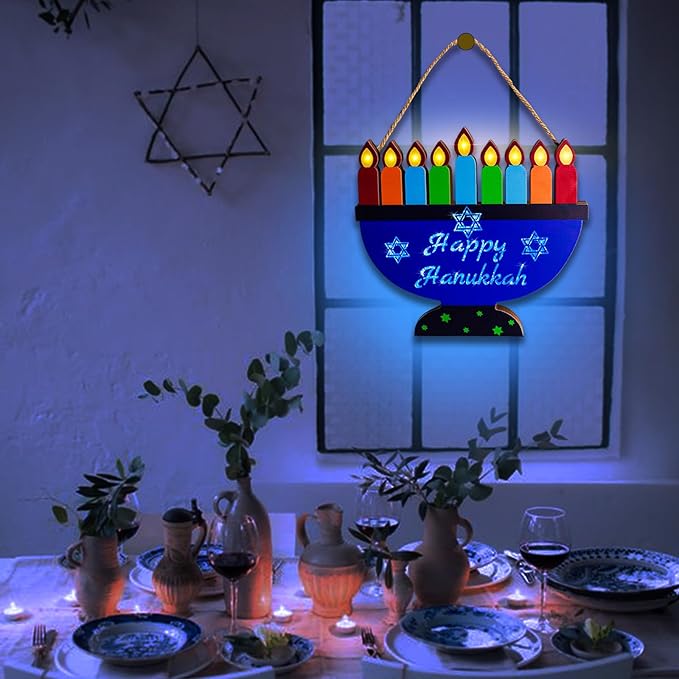 [ Lighted ] Hanukkah Lights Menorah Battery Operated Wooden Happy Hanukkah Door Sign Wreath Blue Lights Star of David for Chanukah Front Door Wall Windows Hanukkah Decorations Jewish Holiday Gifts